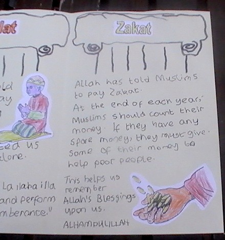 Page 3 on Zakat decorated with a coloured drawing illustrating giving zakat